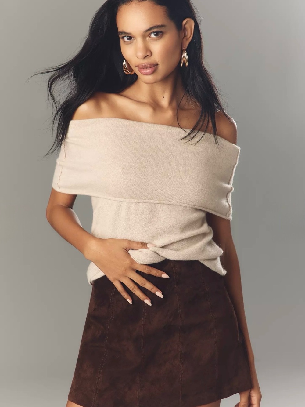 Anthropologie Off-the-Shoulder Cream cashmere Knit Sweater